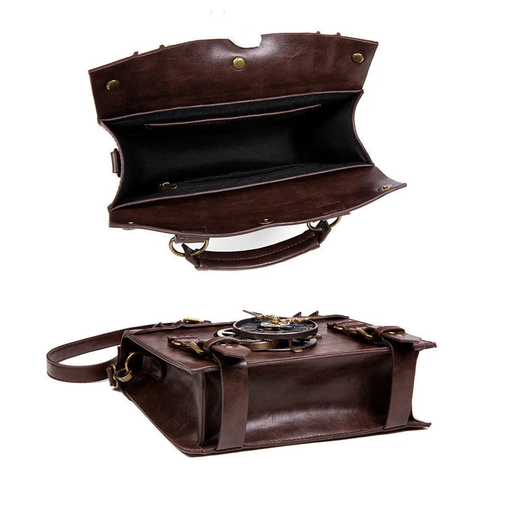 Bronze steampunk industrial retro style shoulder bag with pillow shape and metal hardware accents