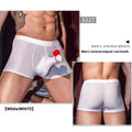 Men's black stripes nylon boxer briefs laid flat, showing vertical pattern and elastic waistband.