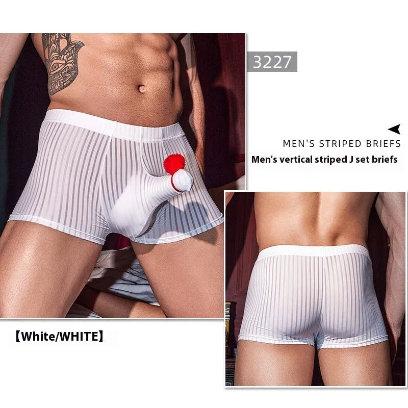 Men's black stripes nylon boxer briefs laid flat, showing vertical pattern and elastic waistband.