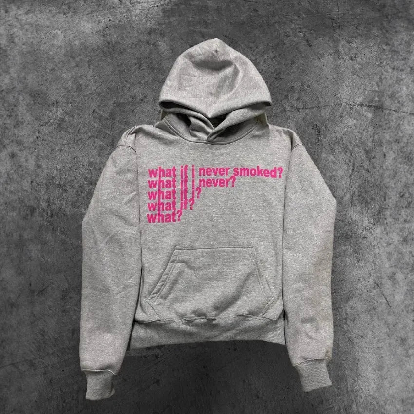 Black hooded sweater with white letter print design, modelled on person