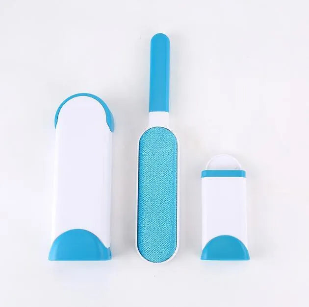 Blue reusable pet hair brush with self-cleaning base for sofas and furniture.