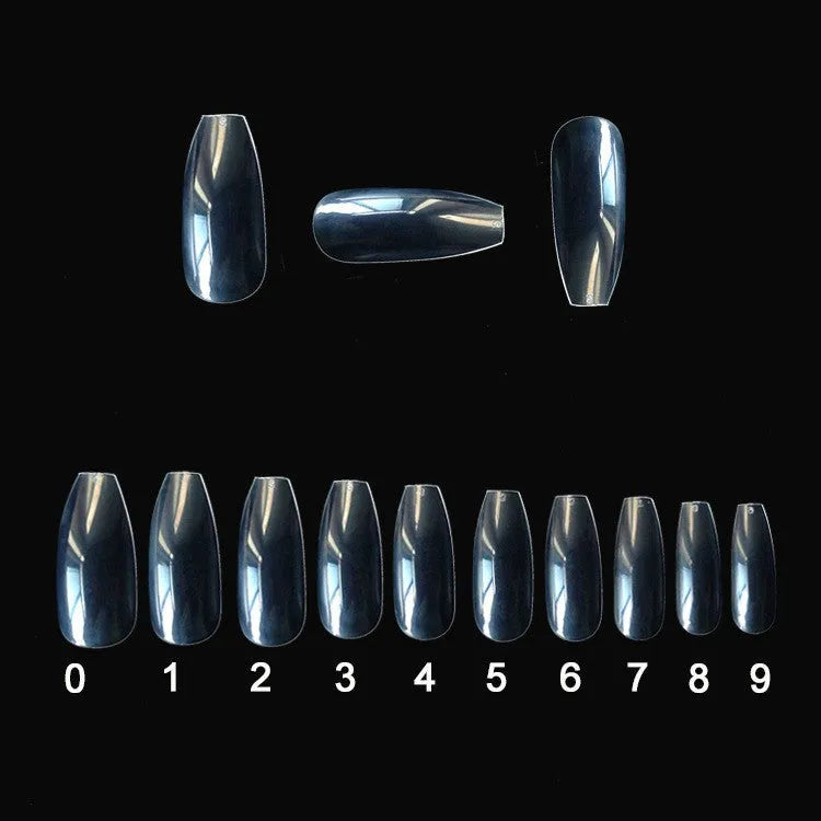 500 clear and natural coloured ABS plastic false nails in ten different sizes arranged on a white surface