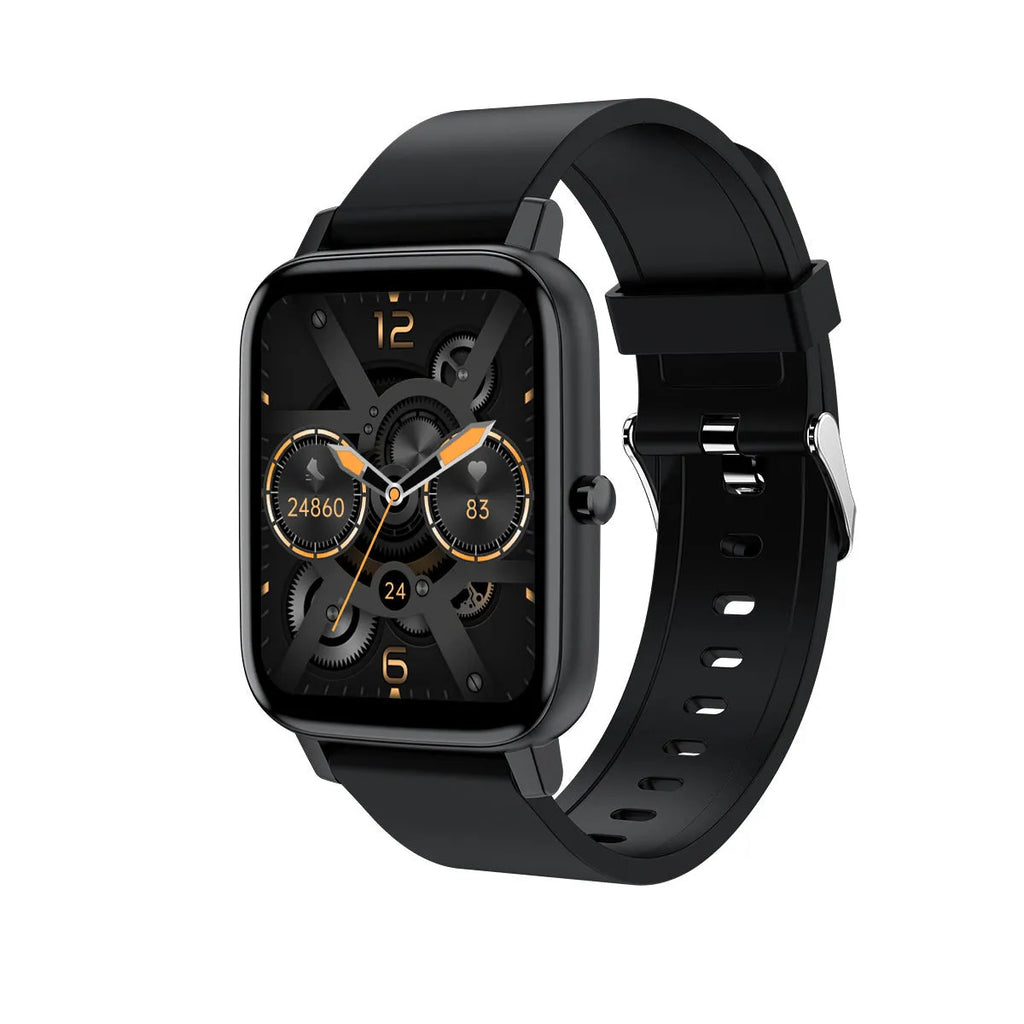 H80 Fashion Sports Smart Watch in black on wrist, showing ECG and blood oxygen monitoring on screen.