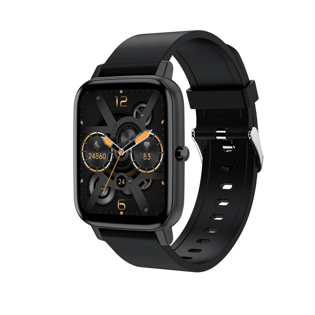 H80 Fashion Sports Smart Watch in black on wrist, showing ECG and blood oxygen monitoring on screen.