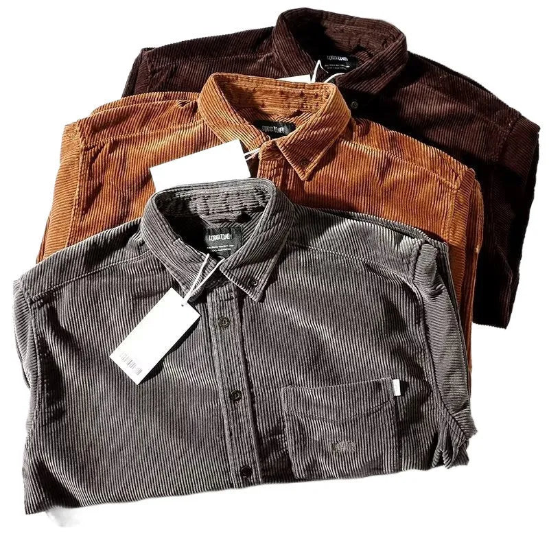 Long sleeve loose corduroy shirt in caramel colour with cardigan style front
