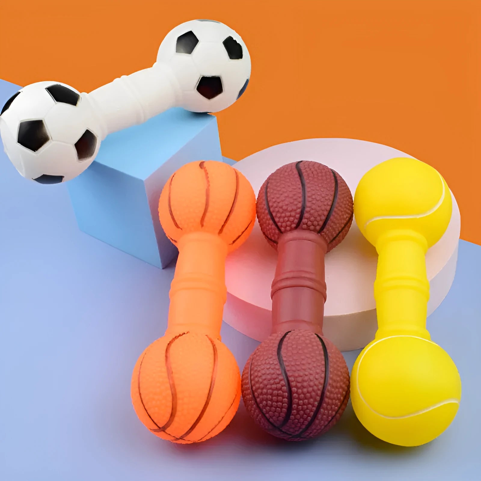 Colourful PVC squeaky dog toy shaped like a football dumbbell on a white background.