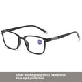 Multifocal reading glasses with anti blue light and colour changing lenses in a black and silver frame.