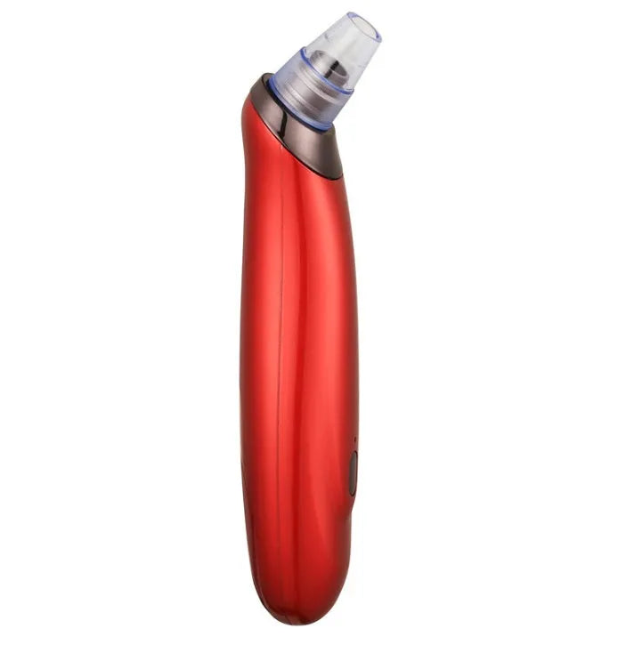 Black electric blackhead remover device with vacuum suction function and different coloured nozzles.