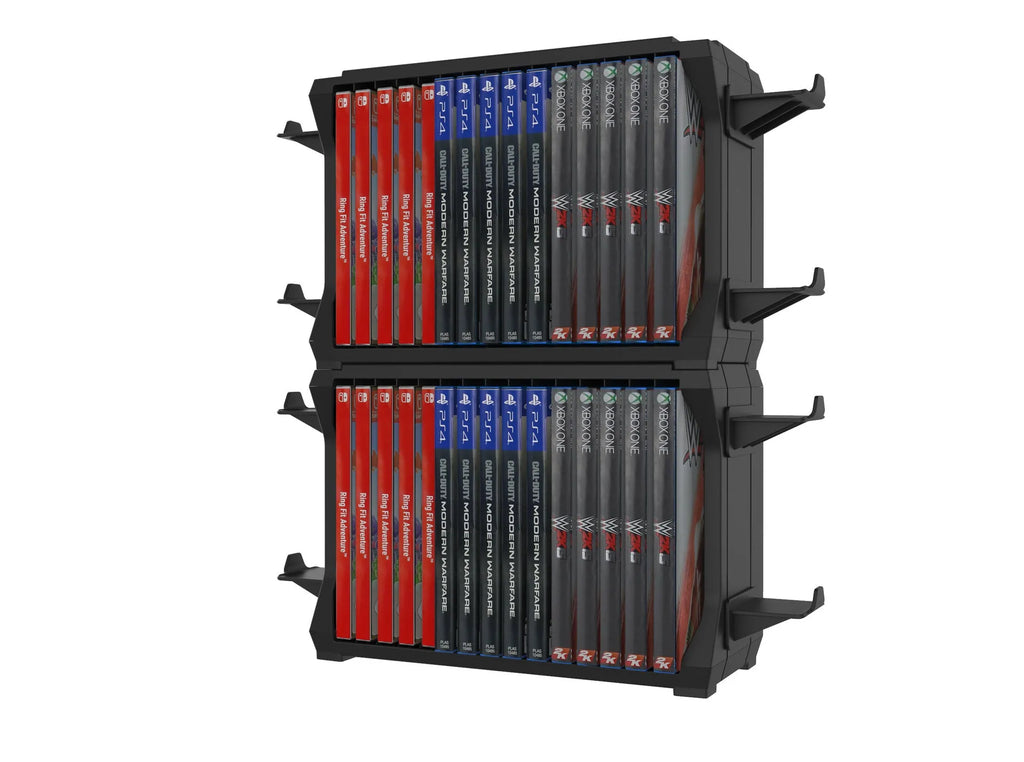 Black PS5 and Xbox Series X disc storage stand with slots for game cartridges and four controller cradles.
