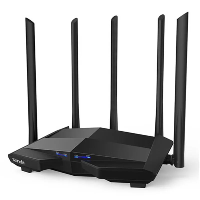 Black AC11 Gigabit wireless router showing four ethernet ports and multiple plug style variants.