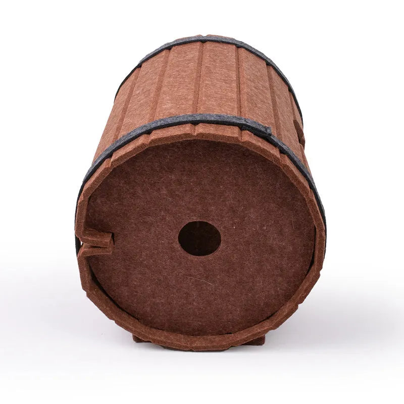 DIY wine barrel-shaped cat bed made from grey polyester fibre felt, showing three flat pieces and two straps for assembly.