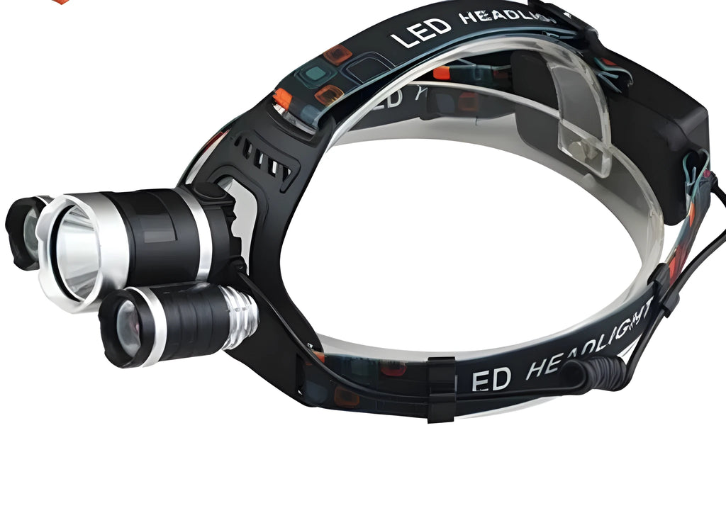 Aluminium alloy rechargeable LED headlamp with adjustable strap on a dark background.