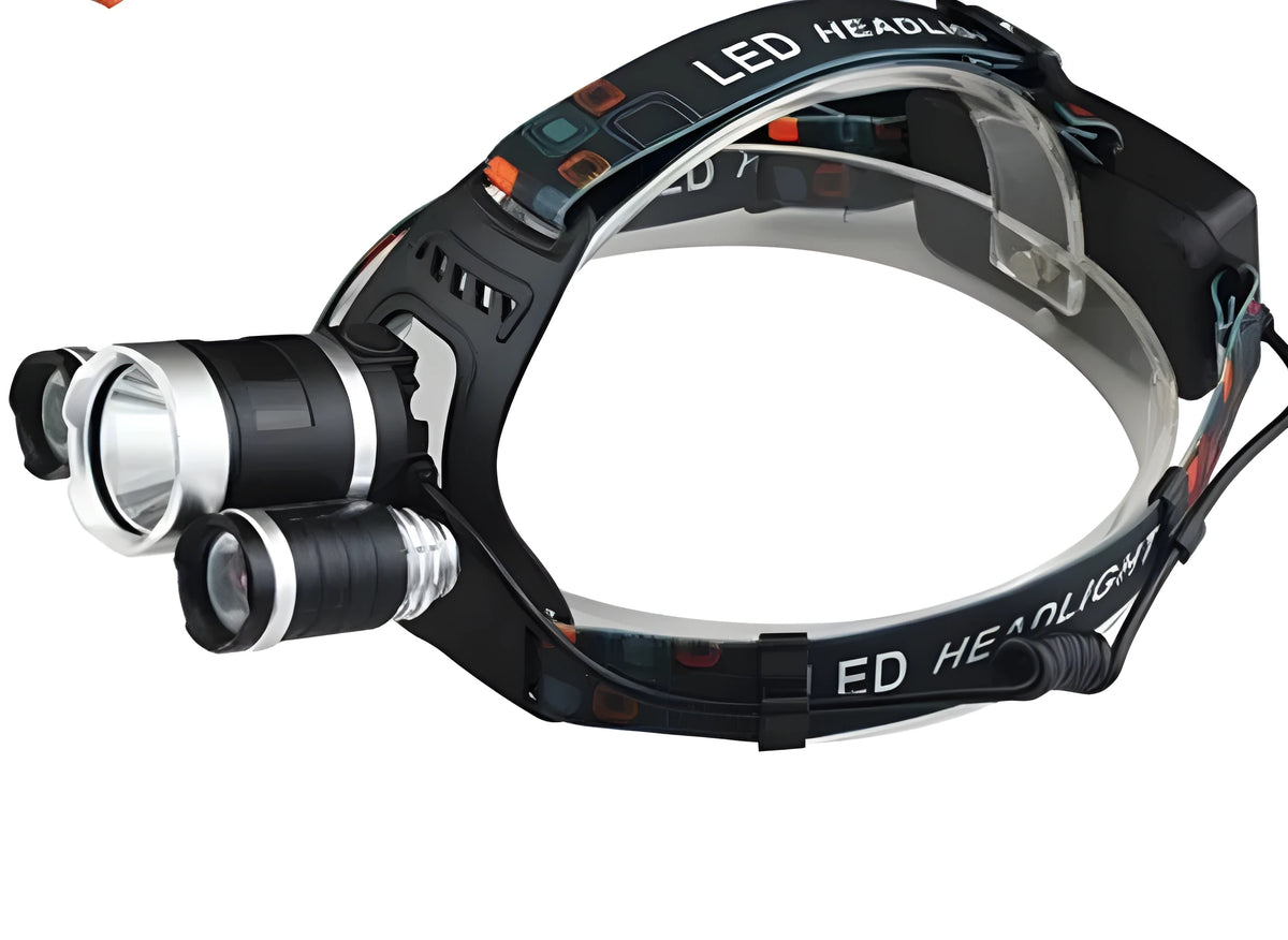 Aluminium alloy rechargeable LED headlamp with adjustable strap on a dark background.