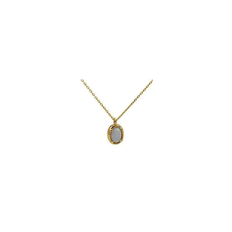 Jelly opal gemstone set in a geometric oval sterling silver pendant necklace.