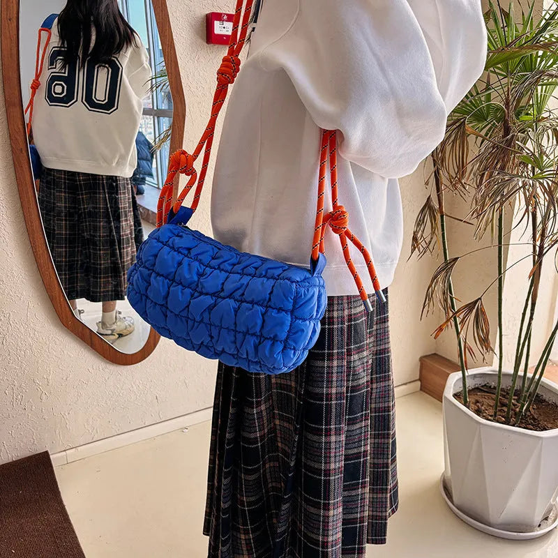 Women's lightweight nylon messenger crossbody bag with rhombus pattern in pillow shape