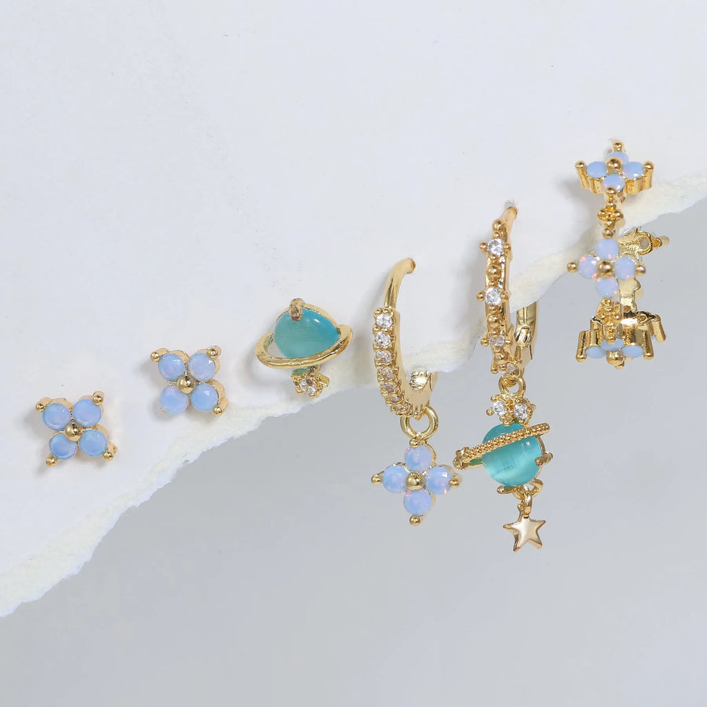 Gold and silver flower stud earrings with zircon mosaic, Japanese Korean sweet style.