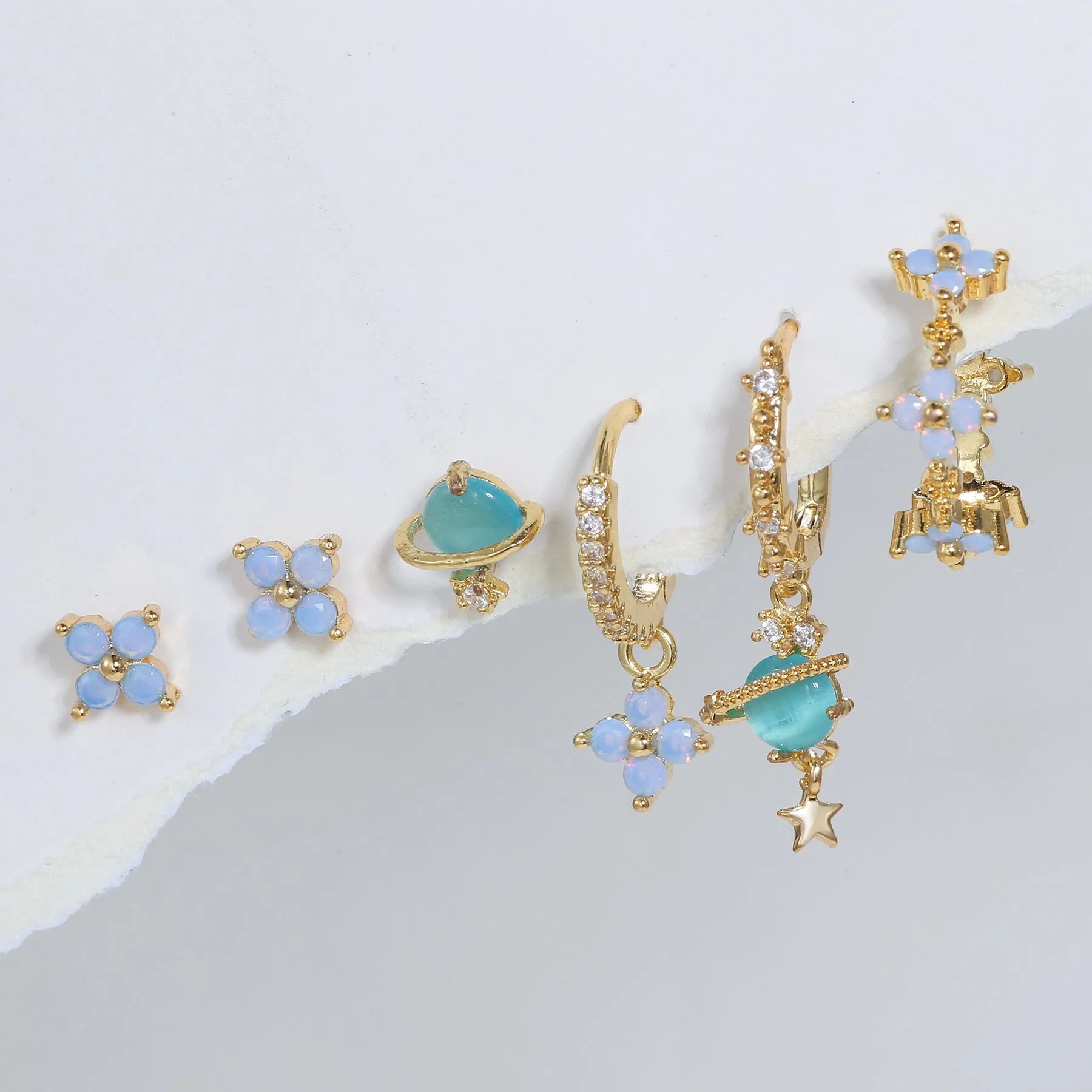 Gold and silver flower stud earrings with zircon mosaic, Japanese Korean sweet style.