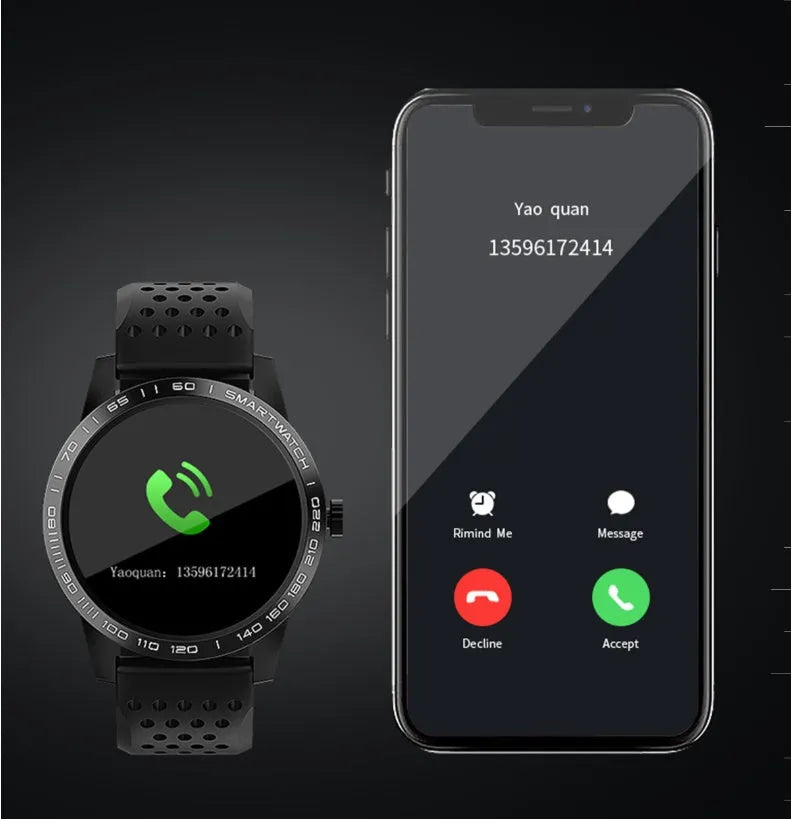Black smart bracelet with colour screen displaying heart rate and fitness data on wrist