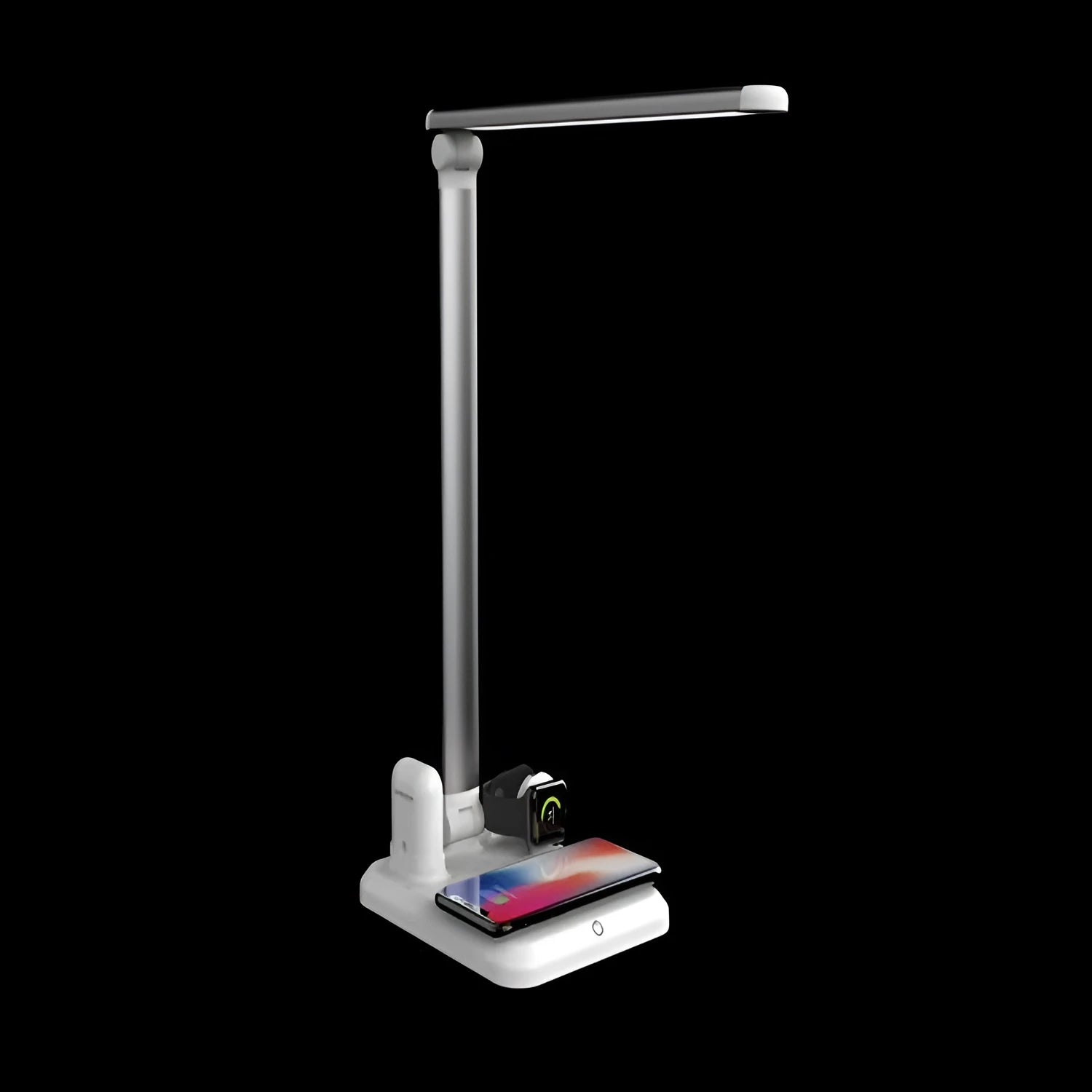 Black and white 4-in-1 LED desk lamp with wireless charging base and USB-C port