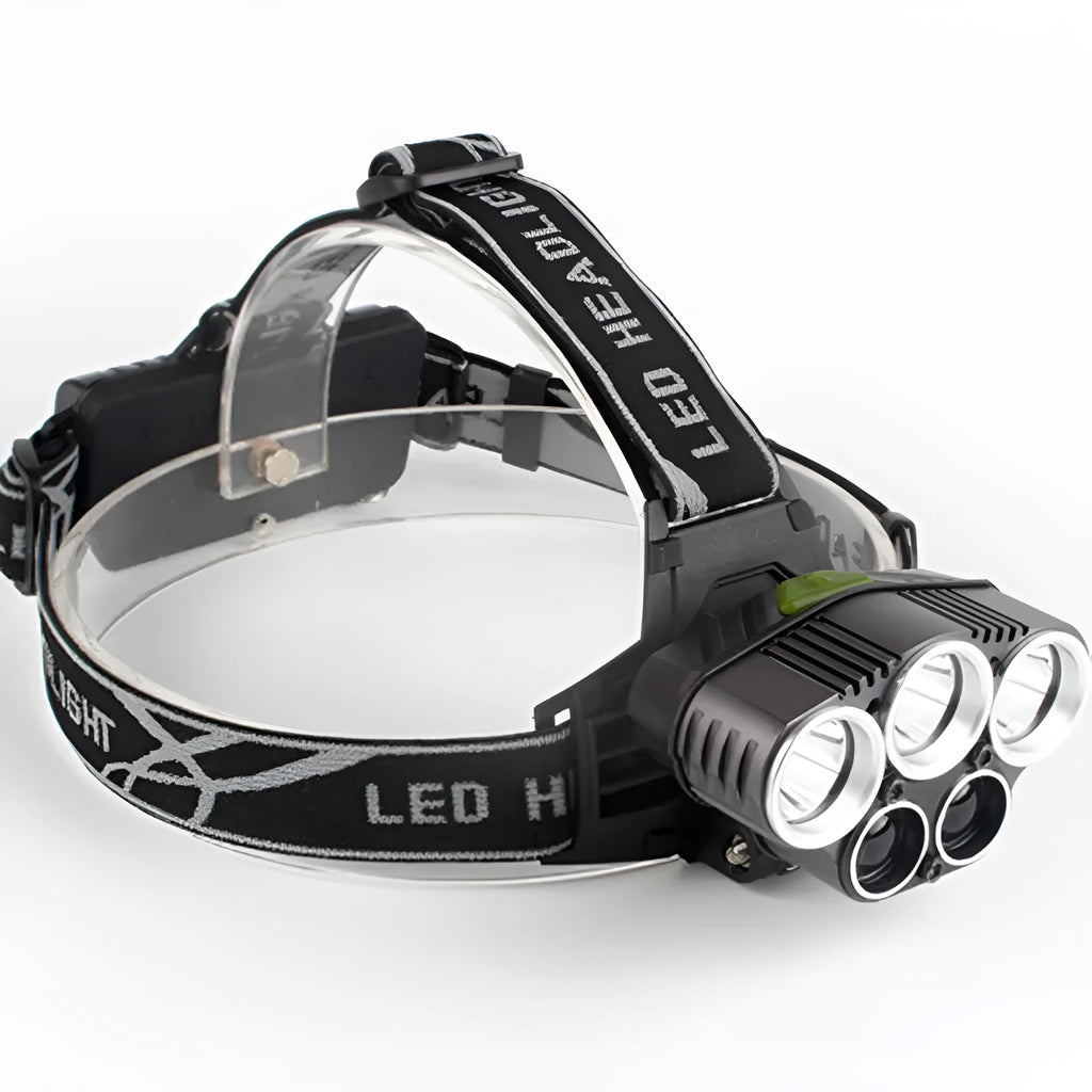 LED head torch with headband, showing focused beam and waterproof housing for outdoor use.