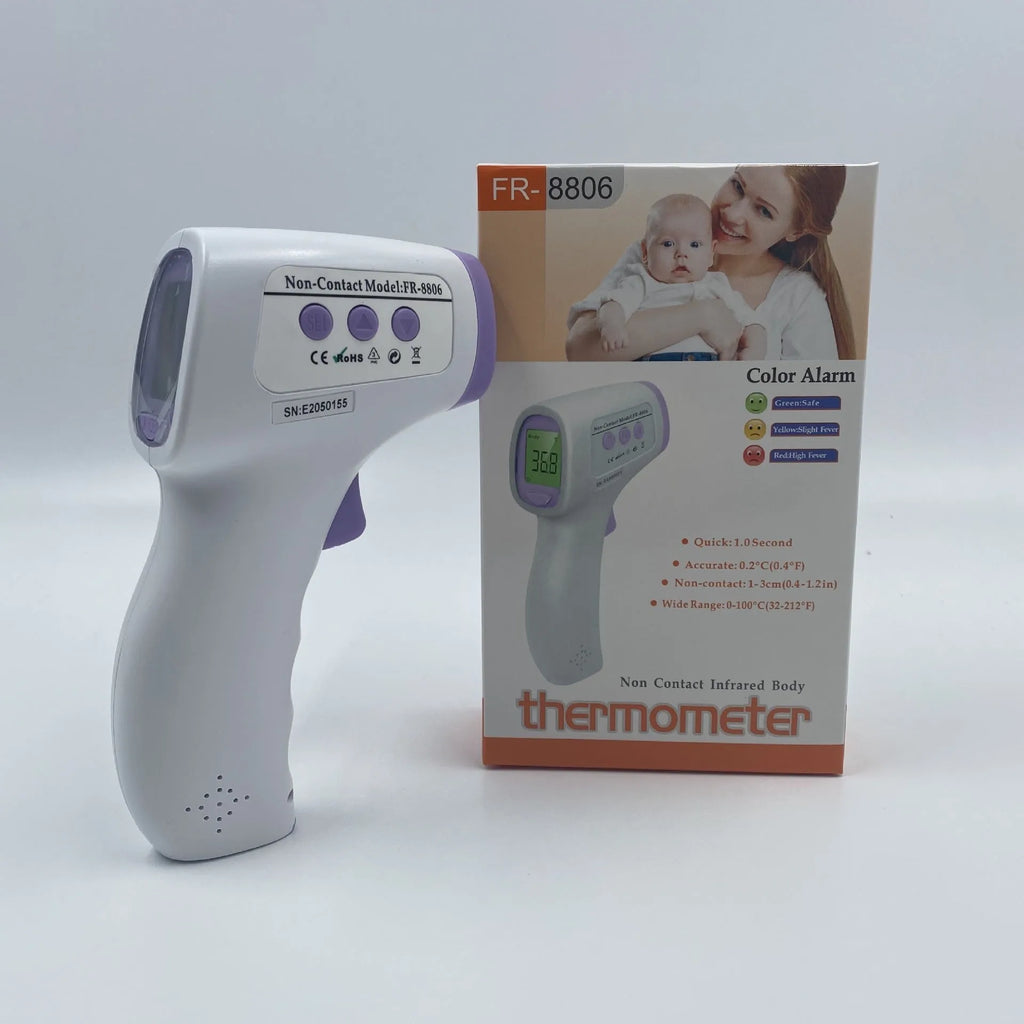 White digital non-contact thermometer for clinical temperature measurement.