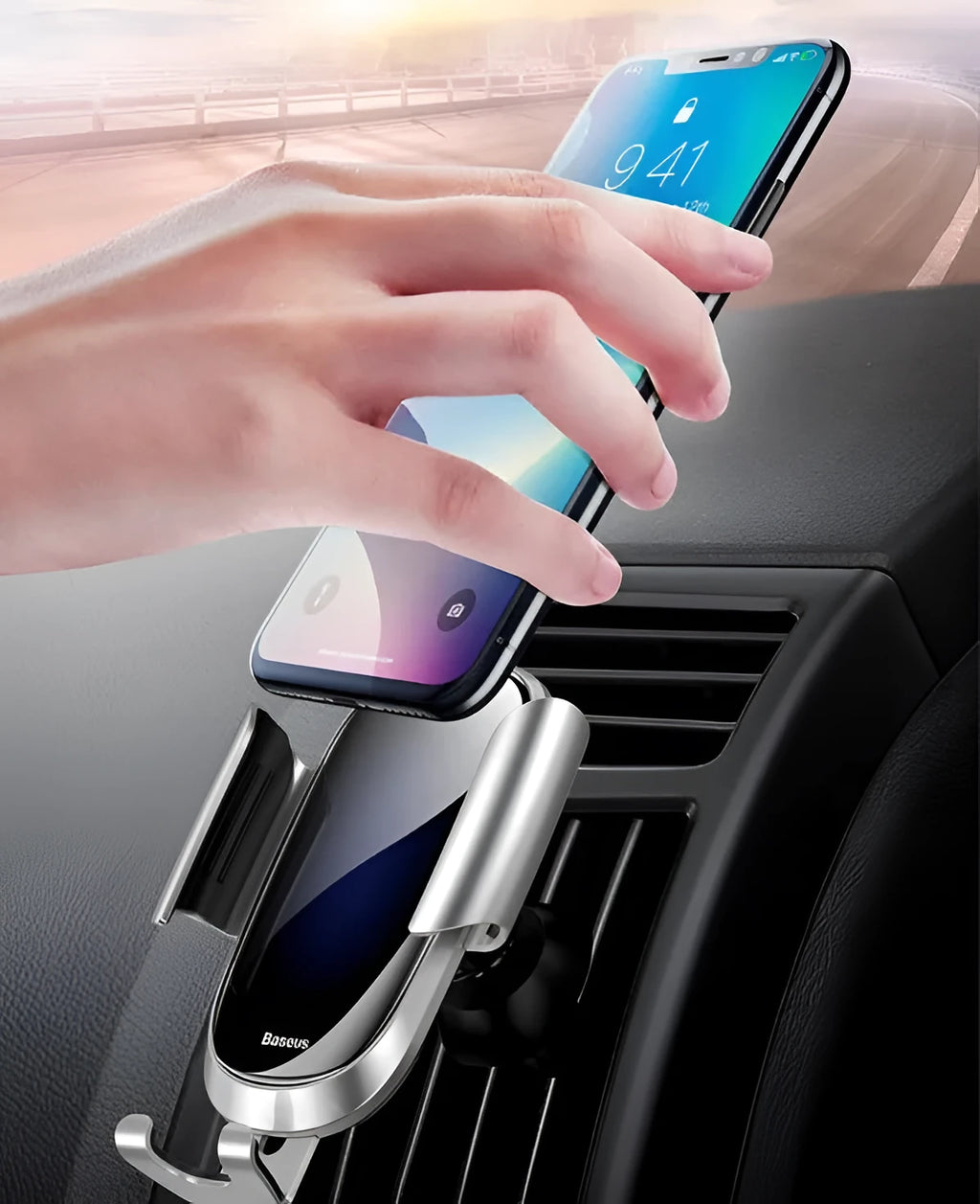 Universal smart car phone mount bracket in black, blue, and silvery grey colours.
