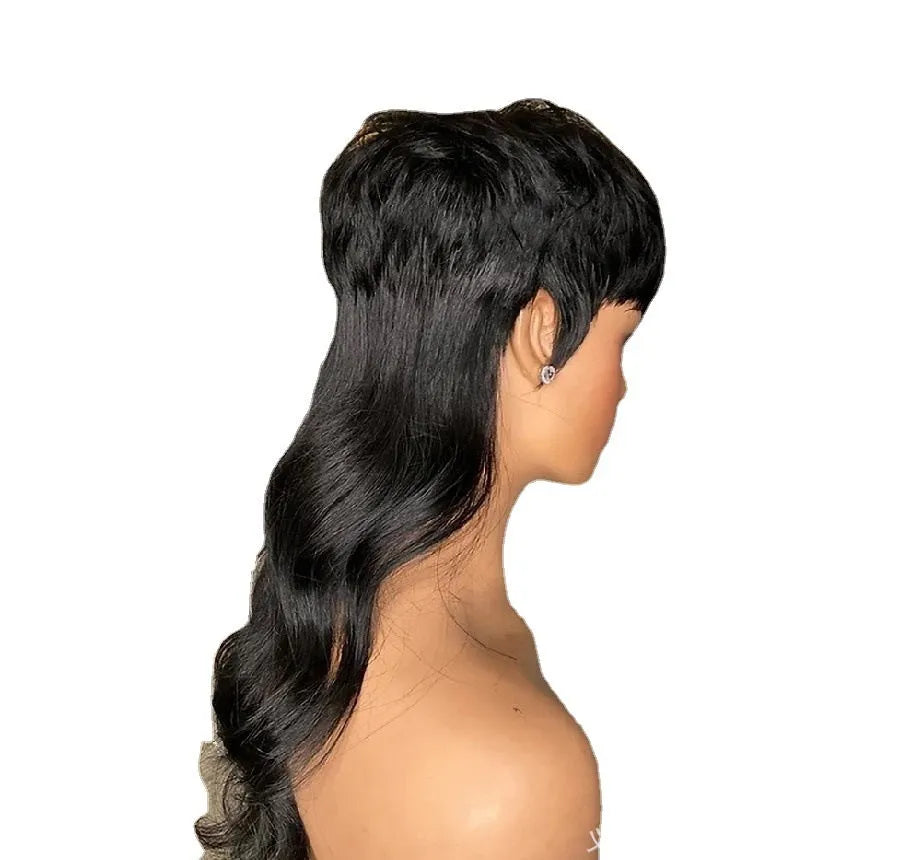 Black synthetic Brazilian-style wig with front bangs and long, layered back hair.