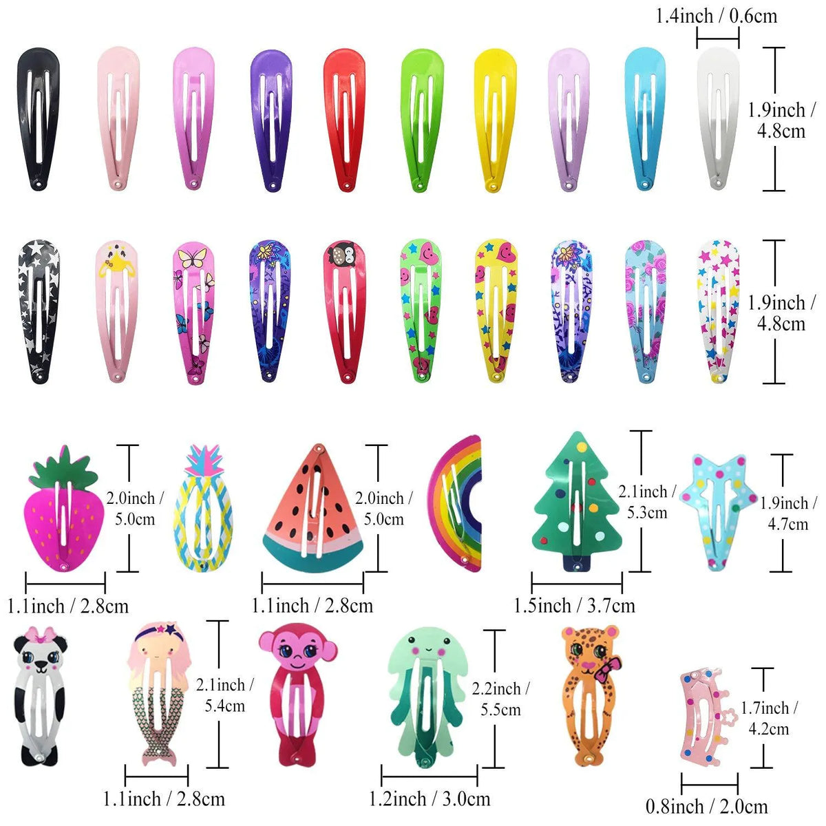 Assortment of 100 metal snap hair clips in candy colours showing animal, fruit, crown, star, and drop shapes.
