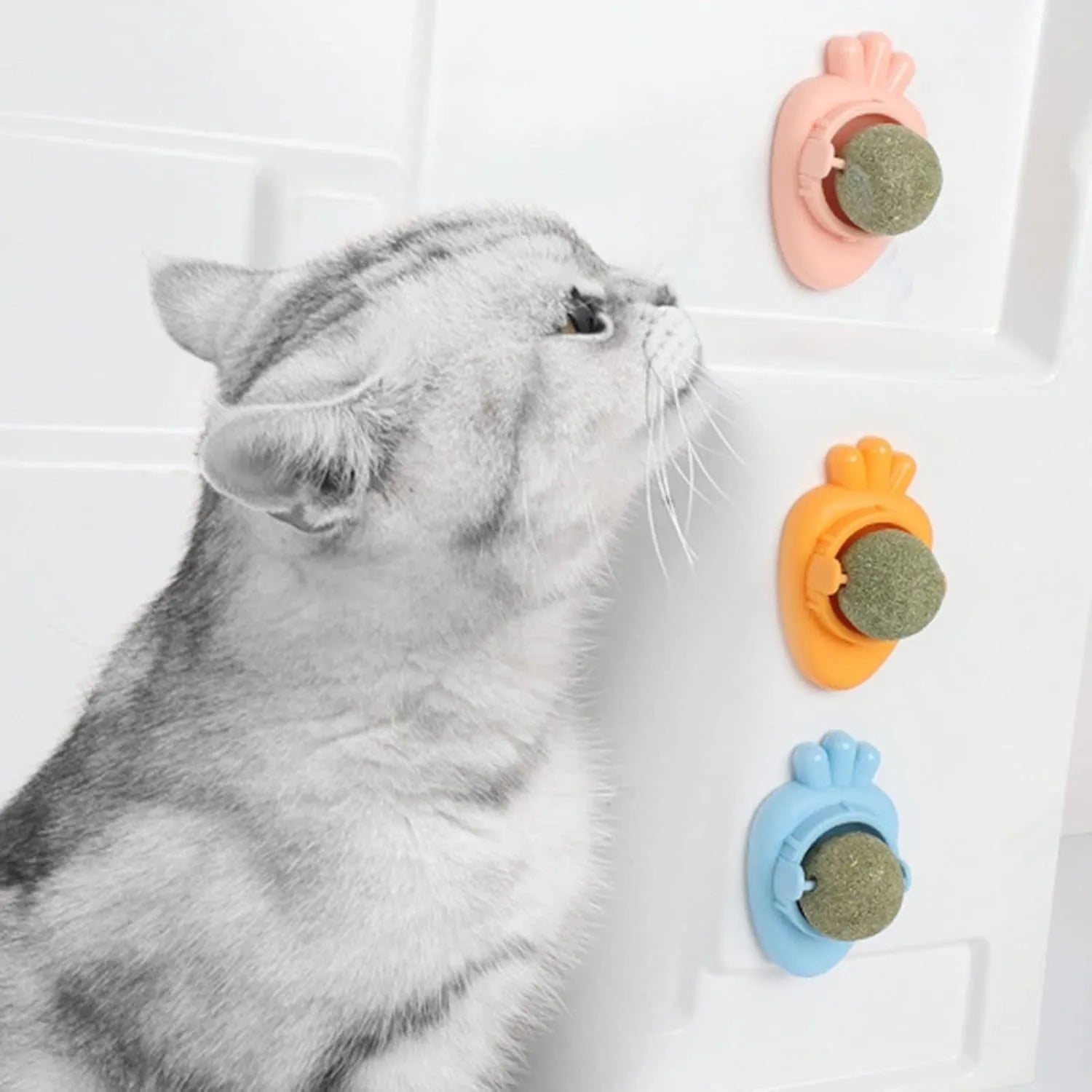 Blue carrot-shaped catnip ball with self-adhesive backing for wall mounting and cat teeth cleaning