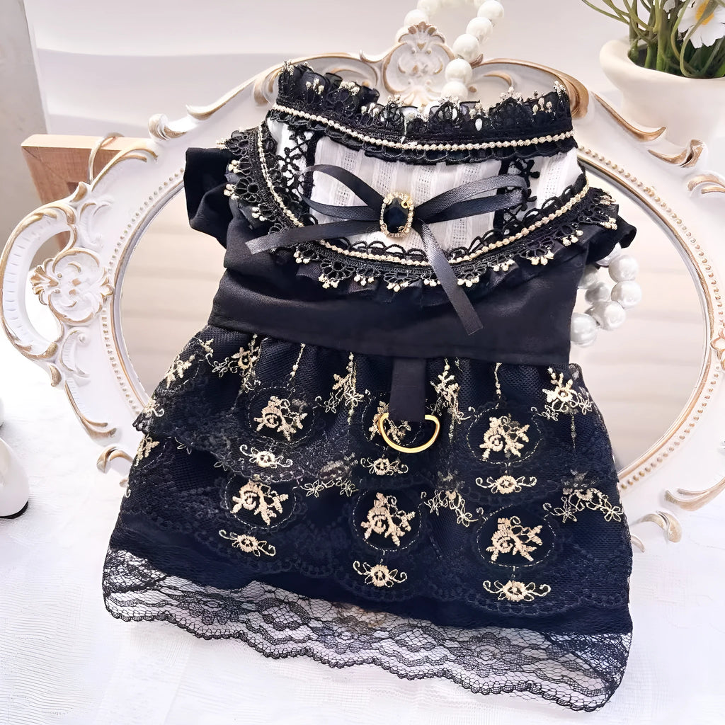 Golden gothic princess style skirt for a small dog or cat on a mannequin.