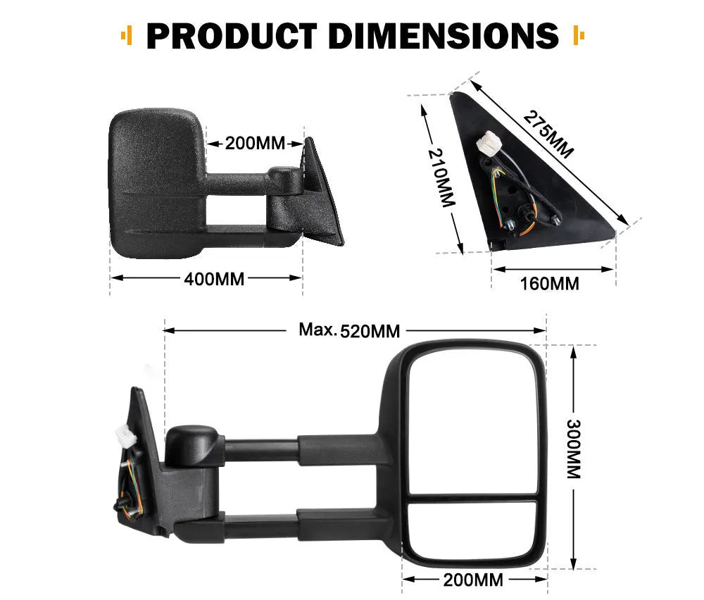 Pair of black plastic foldable rearview mirrors for Toyota Land Cruiser 100 1998-2007 models