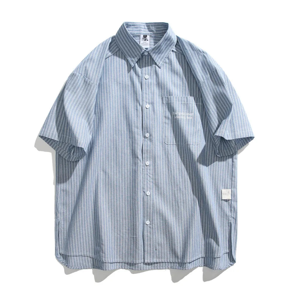 Blue striped short-sleeved shirt cardigan with a loose fit on a hanger.