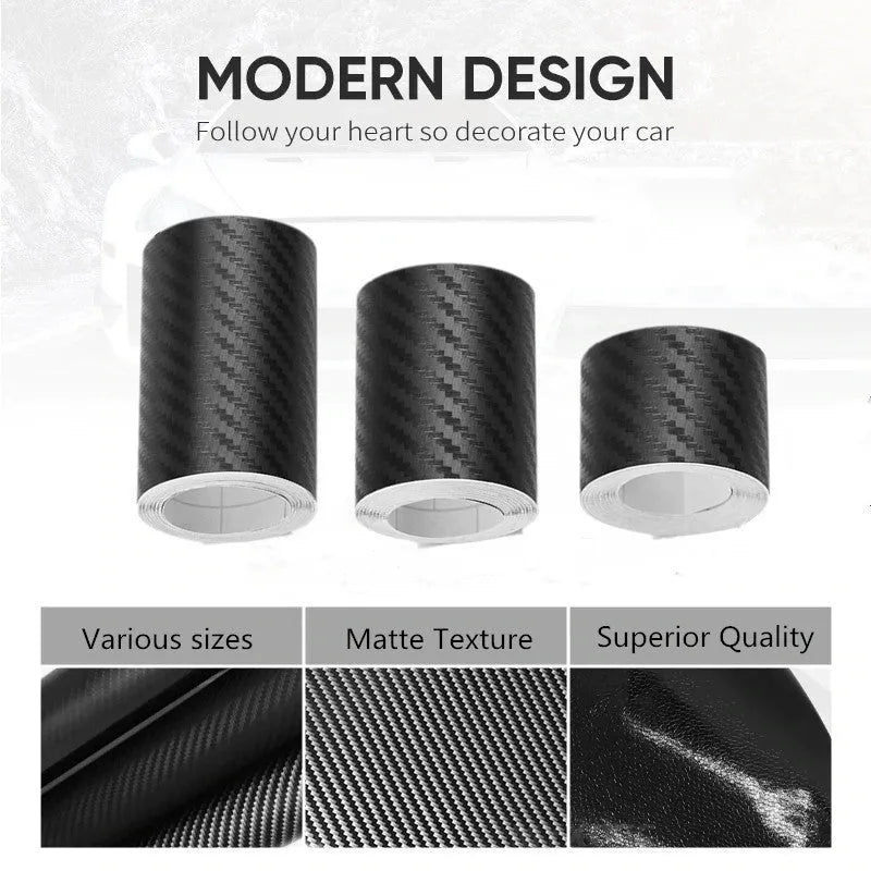 Matte 3D carbon fibre adhesive roll for car door sill protection in various widths.