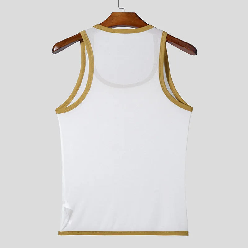 Men's solid colour polyester mesh fitness vest shown in white and black, laid flat.