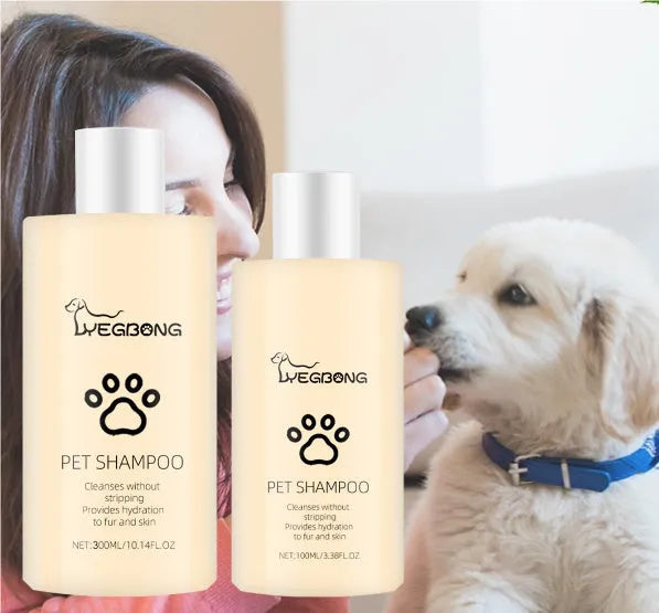 Bottle of mild dog shampoo for soft fur, showing 100ml and 300ml size options