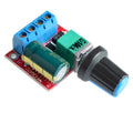 PWM DC motor governor for 5V-35V speed regulation with potentiometer knob and compact design