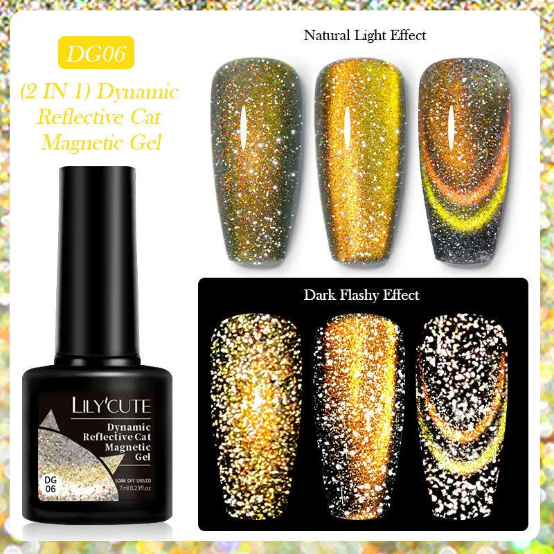 Cat eye series nail polish gel bottle showing diamond glitter fragments in one of six available colour options