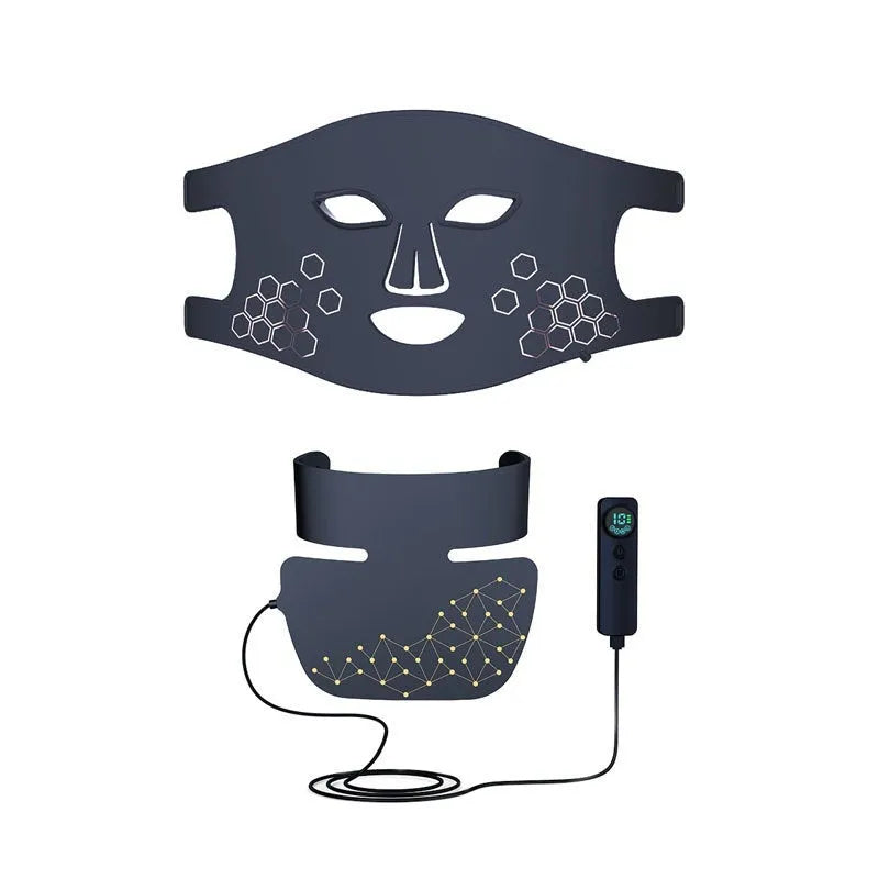 Black LED photon light therapy face mask with neck piece for at-home skin treatment.
