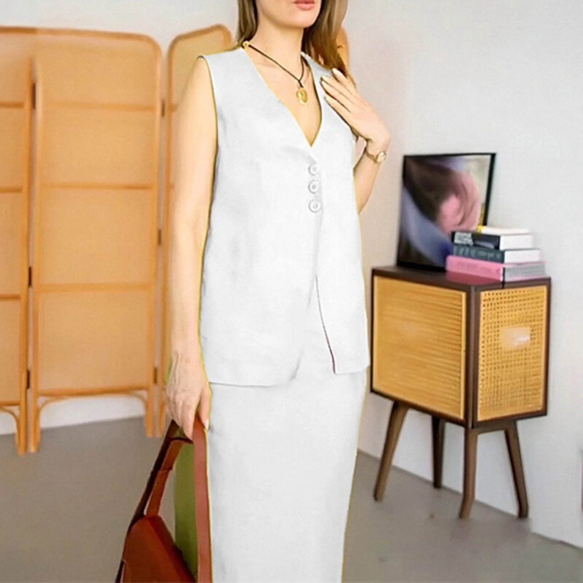 A woman's casual two-piece suit with a sleeveless loose vest and a long matching skirt.
