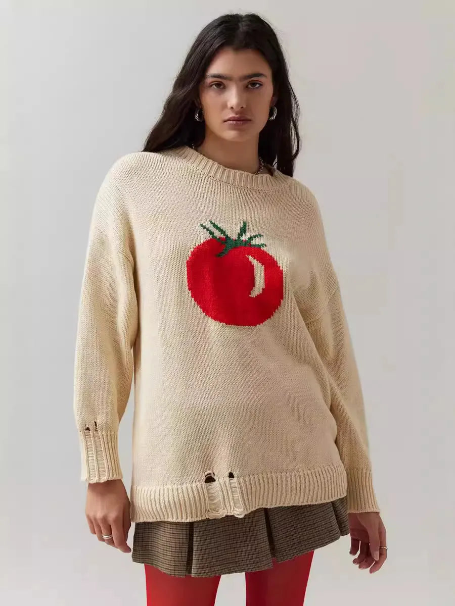 Beige women's loose-fitting acrylic sweater with a round neck and textured Jacquard knit pattern.