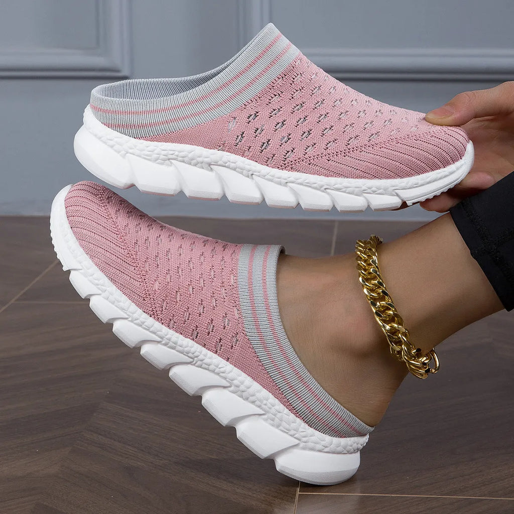 Women's Flyknit semi-slipper socks with striped pattern and height-increasing sole in black, pink and purple colours