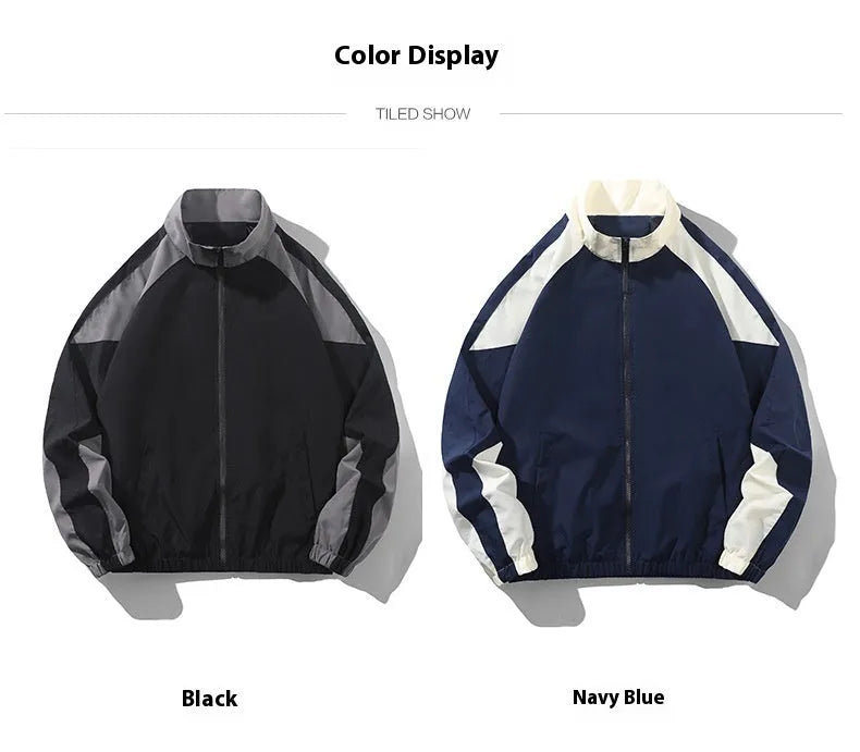 Men's black and dark blue colour block casual jacket with contrast stitching and side pockets.