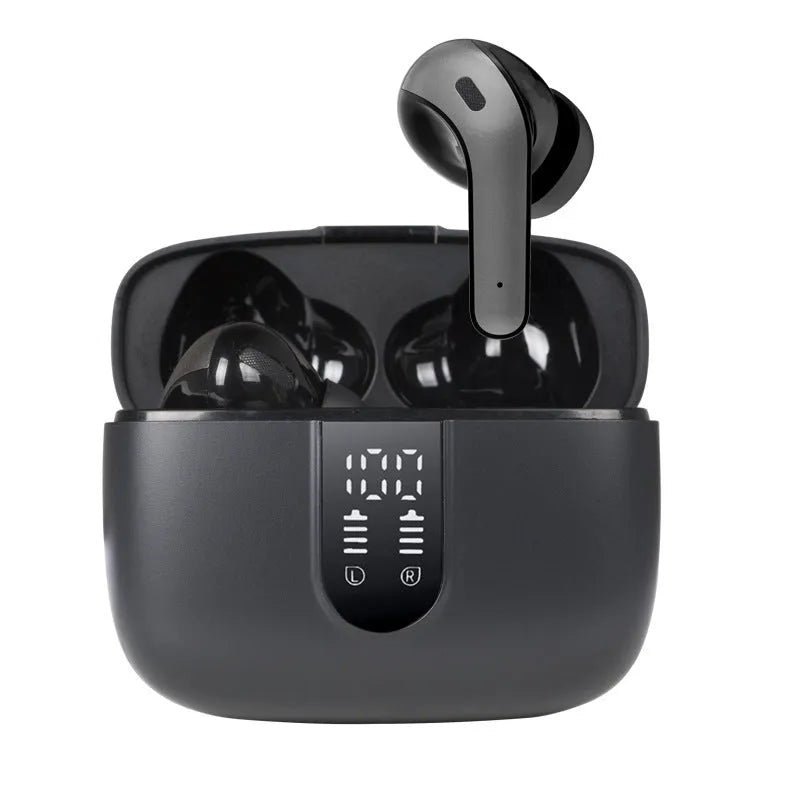 Jerry X08 black wireless earbuds with digital display and USB charging case.