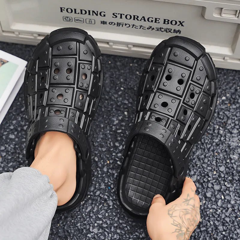 Men's simple EVA hole shoes with thick non-slip sole and toe holder design in sand colour