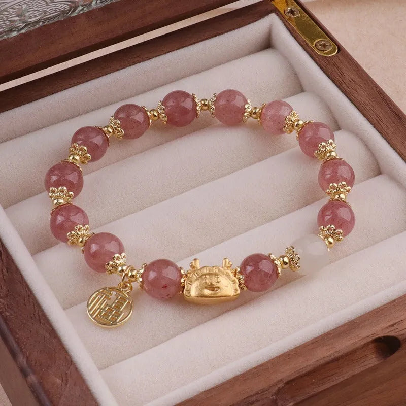 Glass floral ice crack bracelet with coloured glaze, red beads, pink beads, and white pearl accents
