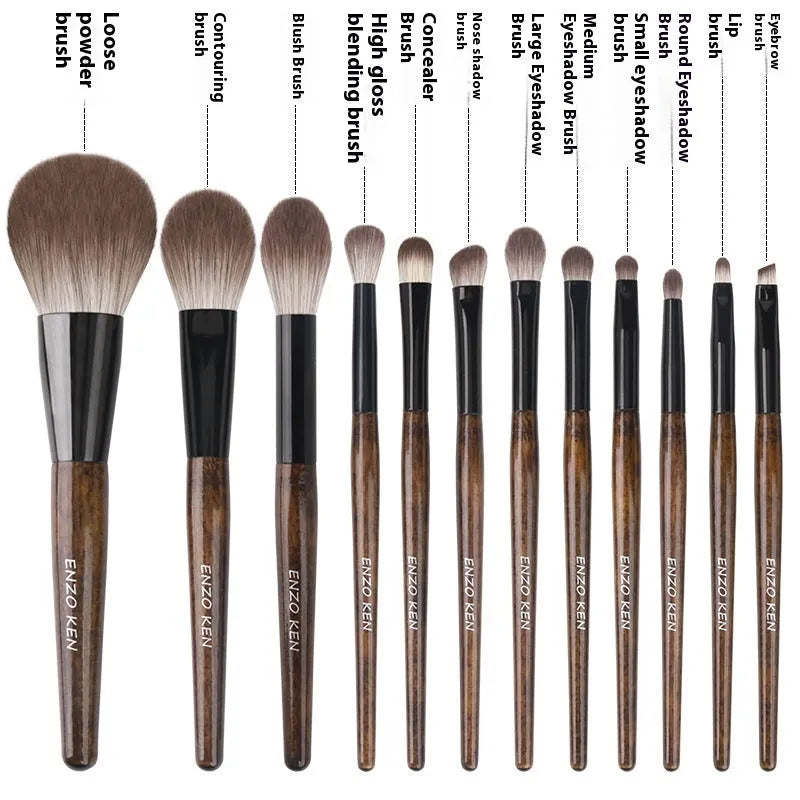 A 12-piece makeup brush set with soft bristles and wooden handles in a PU brush bag