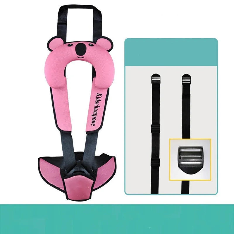 Portable child car booster seat with integrated safety belt in rose pink colour