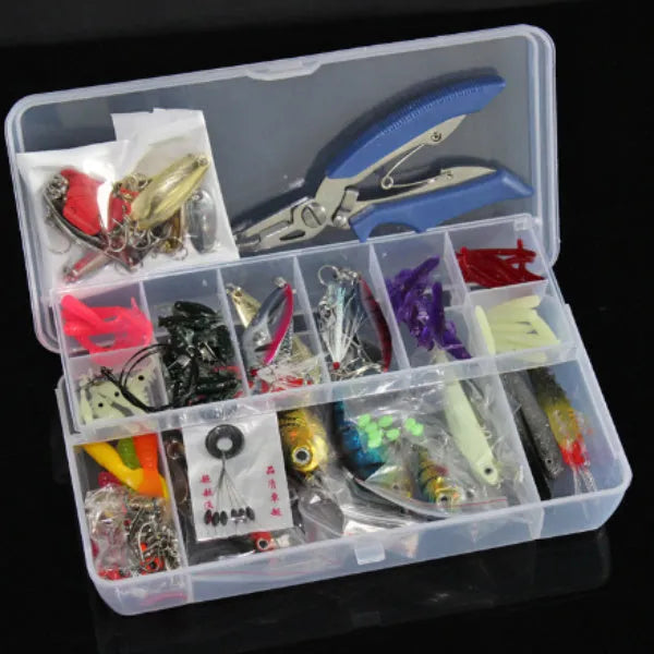 132 piece fishing lure set with plastic soft baits and high carbon steel hooks in rose red colour