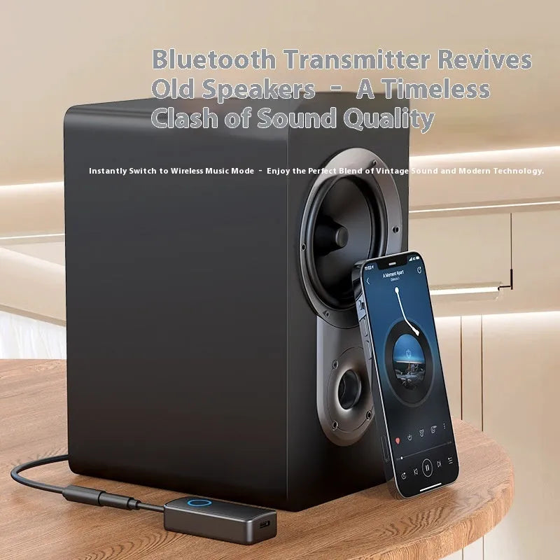 Black Bluetooth 5.4 audio adapter with 3.5mm plug showing wireless connectivity for audio devices