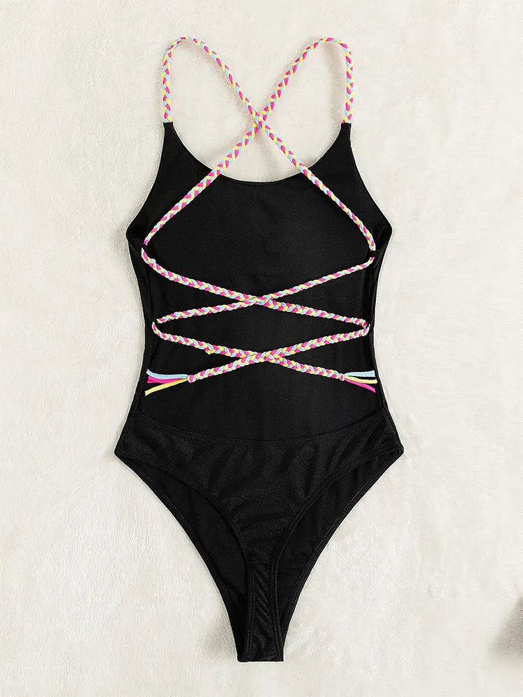 Black backless one-piece swimsuit for women made from nylon fabric in sleeveless design